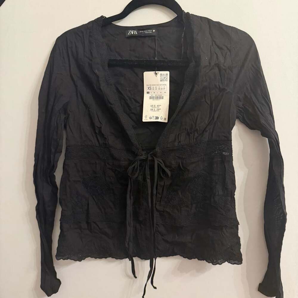Zara Long Sleeve Blouse Black Embroidered Tie #0780